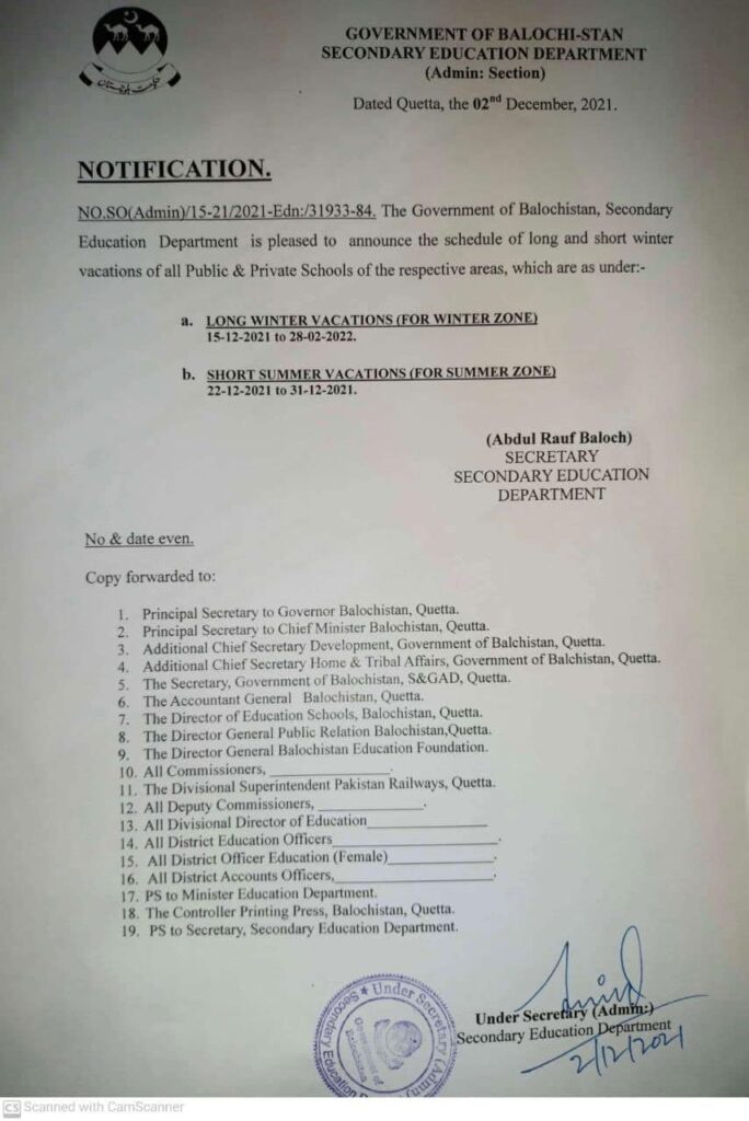 Quetta Educational Department notice